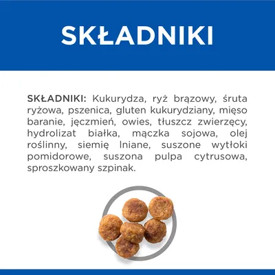 SKŁADNIKI: Kukurydza, ryż brązowy, śruta ryżowa, pszenica, gluten kukurydziany, mięso baranie, jęczmień, owies, tłuszcz zwierzęcy, hydrolizat białka, mączka sojowa, olej roślinny, siemię lniane, suszone wytłoki pomidorowe, suszona pulpa cytrusowa, sproszkowany szpinak.