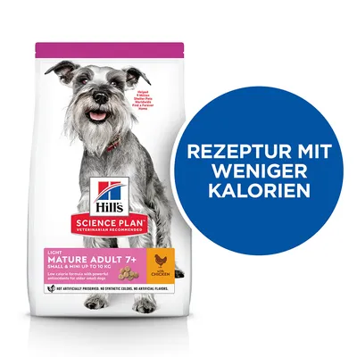 Hill's Science Plan Light Mature Adult 7+ Small & Mini bis 10kg mit Huhn. Rezeptur mit weniger Kalorien, keine künstlichen Farben oder Aromen.
