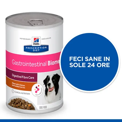Hill's Prescription Diet Gastrointestinal Biome Digestive/Fibre Care umido per cani, stufato con pollo e carote. Testo: Feci sane in sole 24 ore.