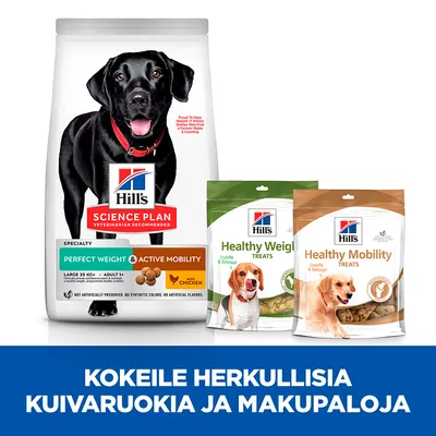 Hill's Science Plan Perfect Weight & Active Mobility -kuivaruoka sekä Healthy Weight Treats ja Healthy Mobility Treats -koiranherkut. Teksti: Kokeile herkullisia kuivaruokia ja makupaloja.