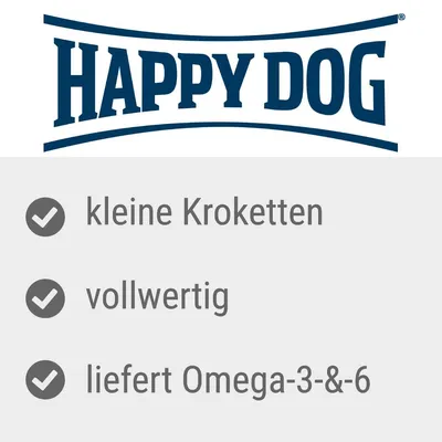 Happy Dog. Texte en allemand : kleine Kroketten, vollwertig, liefert Omega-3-&-6.