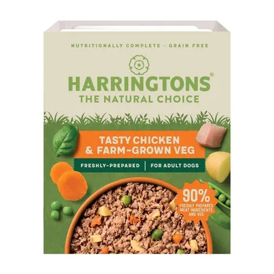 Harringtons Tasty Chicken & Farm-Grown Veg, grain free, nutritionally complete, freshly prepared for adult dogs, contains 90% freshly prepared meat ingredients and vegetables.