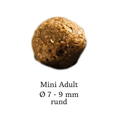 Кръгла гранула Mini Adult, диаметър 7–9 мм. Видим текст на изображението: Mini Adult Ø 7 - 9 mm rund.