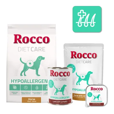 Rocco Diet Care Hypoallergenic. Getreidefreie Rezeptur, Single Source Tierprotein, reich an Omega-3-Fettsäuren, unterstützt Haut und Fell. Varianten: Pferd, Lamm mit Kürbis.