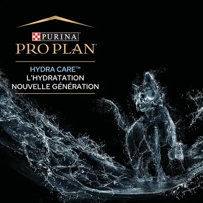 Purina Pro Plan Hydra Care, l’hydratation nouvelle génération, texte avec illustration d’un chat en eau. Texte visible uniquement en français.