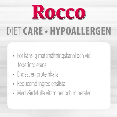 Rocco DIET CARE HYPOALLERGEN. För känslig matsmältningskanal och vid foderintolerans, endast en proteinkälla, reducerad ingredienslista, med värdefulla vitaminer och mineraler.