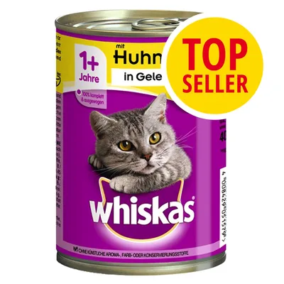 Scatoletta Whiskas con gatto grigio, testo visibile: 1+ Jahre, mit Huhn in Gelee, 100% komplett & ausgewogen, TOP SELLER. Testo in tedesco.
