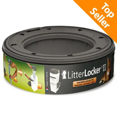 Ricarica LitterLocker II, istruzioni illustrate sull'uso, scritta 'Top Seller' in alto a destra, testo visibile: 'Nachfüllkassette', 'Recharge', 'Ricambio', 'Refill', 'Made in France'.