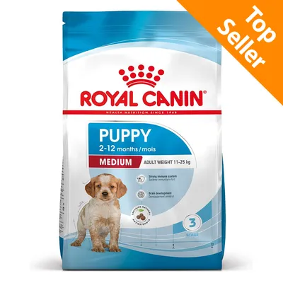 ROYAL CANIN Puppy Medium 2–12 months, peso adulto 11–25 kg. Sistema immunitario forte, sviluppo cerebrale. Top Seller.