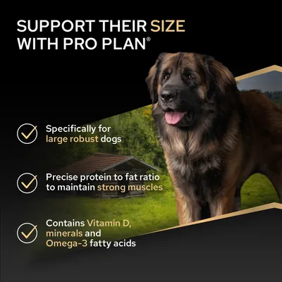 Stöd deras storlek med Pro Plan. Speciellt för stora, robusta hundar. Precist protein-fettförhållande för starka muskler. Innehåller vitamin D, mineralämnen och omega-3-fettsyror. Stöd deras storlek med Pro Plan. Speciellt för stora, robusta hundar. Precist protein-fettförhållande för starka muskler. Innehåller vitamin D, mineralämnen och omega-3-fettsyror.