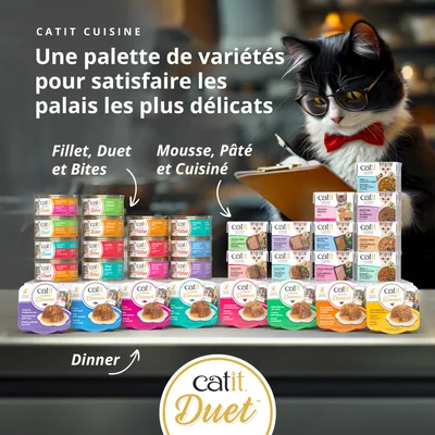 Catit Cuisine : Une palette de variétés pour les gourmets. Filet, Duet et Bouchées, Mousse, Paté et Cuisiné, Dîner. Différents produits Catit Duet illustrés. Catit Cuisine : Une palette de variétés pour les gourmets. Filet, Duet et Bouchées, Mousse, Paté et Cuisiné, Dîner. Différents produits Catit Duet illustrés.