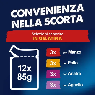 Confezione scorta con 12x85g bustine monoporzione in gelatina: 3x ciascuna con manzo, pollo, anatra e agnello. La selezione è indicata in italiano e tedesco sulla confezione. Confezione scorta con 12x85g bustine monoporzione in gelatina: 3x ciascuna con manzo, pollo, anatra e agnello. La selezione è indicata in italiano e tedesco sulla confezione.