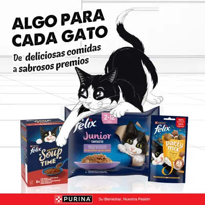 Felix Junior Fantastic, Soup Time y Party Mix comida para gatos de Purina. Texto: 'Algo para cada gato. Desde deliciosas comidas hasta sabrosos premios.'