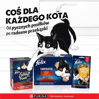 Purina Felix karma i przekąski dla kotów: Soup Time, Fantastic, Party Mix. Na każdy gust, od posiłków po smakołyki. Logo marki Purina na dole. Purina Felix karma i przekąski dla kotów: Soup Time, Fantastic, Party Mix. Na każdy gust, od posiłków po smakołyki. Logo marki Purina na dole.