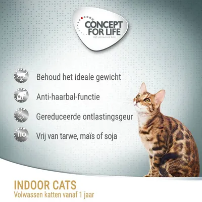 Concept for Life Indoor Cats. Behoud het ideale gewicht, anti-haarbal-functie, gereduceerde ontlastingsgeur, vrij van tarwe, maïs of soja. Voor volwassen katten vanaf 1 jaar.
