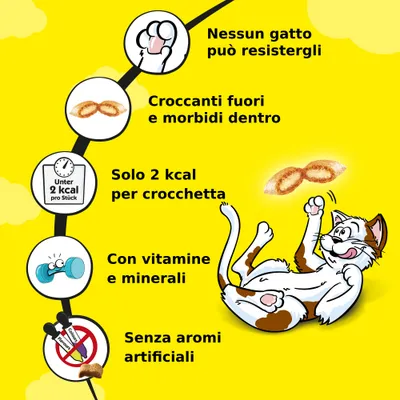 Nessun gatto può resistergli. Croccanti fuori e morbidi dentro. Solo 2 kcal per crocchetta. Con vitamine e minerali. Senza aromi artificiali.
