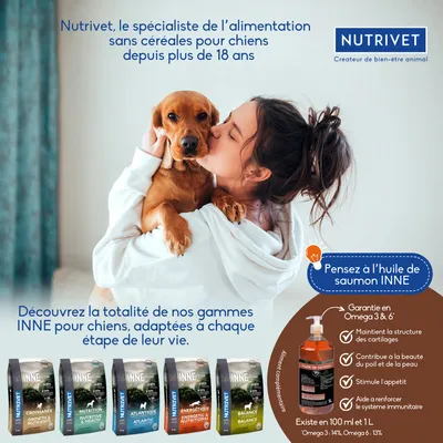NUTRIVET, créateur de bien-être animal. Croquettes INNE pour chiens : Croissance, Nutrition, Atlantique, Énergétique, Balance. Huile de saumon INNE, garantie en Oméga 3 & 6.