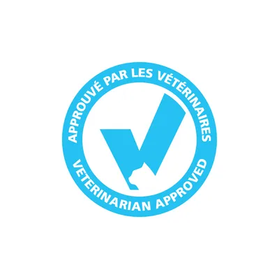 Approuvé par les vétérinaires, texte : « Approuvé par les vétérinaires » et « Veterinarian approved », sceau bleu avec symbole de coche.