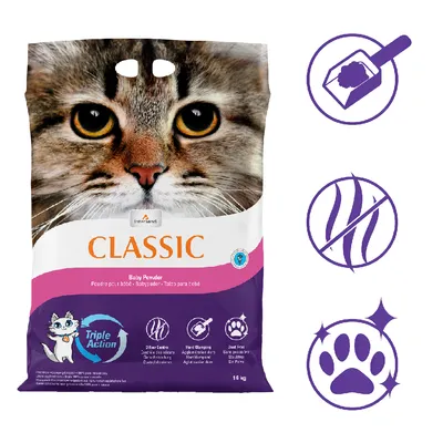 Sac de litière pour chat InterSand Classic Baby Powder 14 kg, Triple Action, avec pictogrammes : contrôle des odeurs, agglomération rapide, sans poussière. Texte visible en anglais et français.