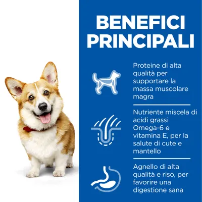 BENEFICI PRINCIPALI: proteine di alta qualità per la massa muscolare magra, acidi grassi Omega-6 e vitamina E per cute e mantello, agnello e riso per digestione sana.