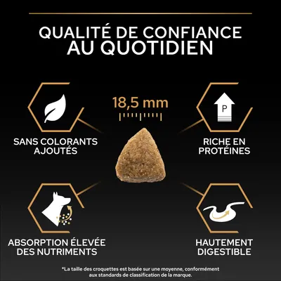 Dimensione delle crocchette 18,5 mm, senza coloranti, alto contenuto proteico, elevato assorbimento dei nutrienti, facilmente digeribile. Qualità di fiducia nella vita quotidiana.