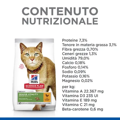 Hill's Science Plan Senior Vitality Mature Adult 7+ Chicken & Rice per gatti, tabella contenuto nutrizionale: proteine 7,3%, grassi 3,1%, fibra 0,70%, ceneri 1,3%, umidità 79%, vitamine e minerali.
