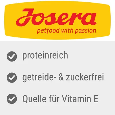 Josera petfood with passion. Texte en allemand : proteinreich, getreide- & zuckerfrei, Quelle für Vitamin E.