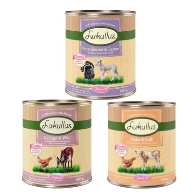 Lukullus Junior Nassfutter: Putenherzen & Lamm, Geflügel & Wild, Huhn & Kalb. Extra Calcium & Phosphor. 800g Dosen mit natürlichen Zutaten.