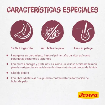 Características especiales: de fácil digestión, anti bolas de pelo, peau et pelage. Para gatos en crecimiento, gestantes y lactantes. Josera. Con energía, proteínas y aceite de salmón.