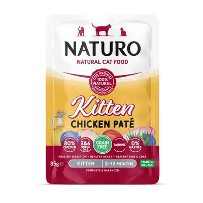 Kitten chicken paté, 80% chicken, grain free, 3 and 6 omega oils, taurine, 0% nasties, for kittens aged 2 to 12 months, made in Ireland, complete and balanced.