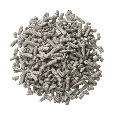 Grey, cylindrical pellets shown in a pile, displaying the texture and size of the product for use as pet litter or bedding.