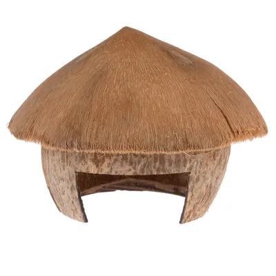 Abri pour petits animaux en demi-noix de coco, ouverture sur le devant, matériau naturel visible.