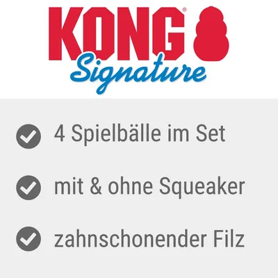 KONG Signature. Set de 4 mingi de joacă, cu și fără sunet, fetru delicat cu dinții.