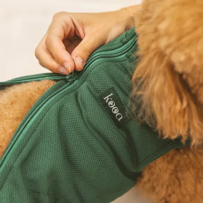 kooa chaleco para perro en verde con cremallera, primer plano de una mano cerrando la cremallera.
