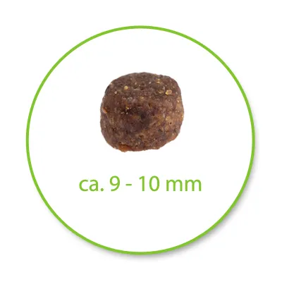 Croquette ronde, diamètre indiqué : ca. 9–10 mm