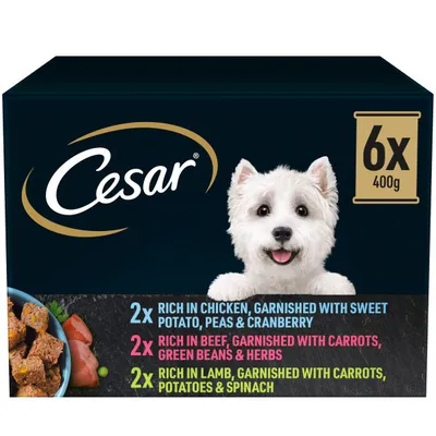 Pack of 6x400g with 2 chicken with sweet potato, peas and cranberry, 2 beef with carrots, green beans and herbs, 2 lamb with carrots, potatoes and spinach. Brand name Cesar visible.
