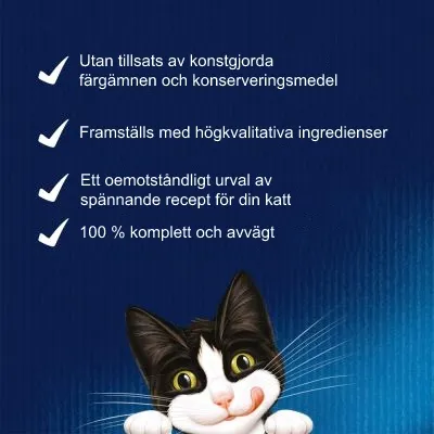 Utan tillsats av konstgjorda färgämnen och konserveringsmedel. Framställs med högkvalitativa ingredienser. Oemotståndligt urval för din katt. 100 % komplett och avvägt.