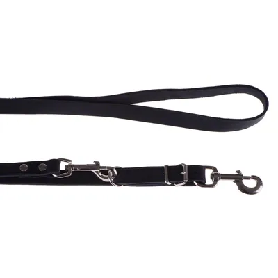 Schwarze Hundeleine aus Leder mit verstellbarer Länge und Metallkarabinerhaken.