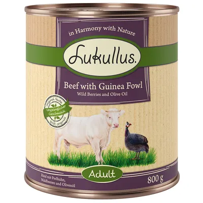 Lukullus Adult hovädzie s perličkou, lesným ovocím a olivovým olejom. 800g konzerva. Pôvodná chuť, Original Taste. In Harmony with Nature.