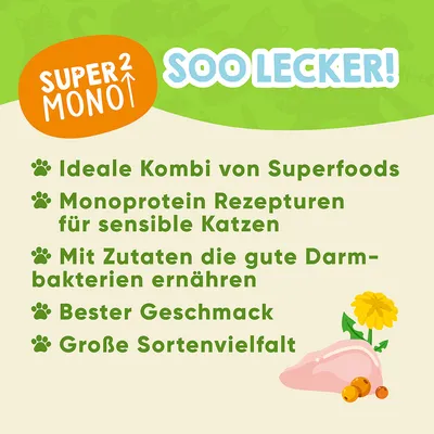 Super Mono2. Soo lecker! Ideale Kombi von Superfoods, Monoprotein Rezepturen für sensible Katzen, Zutaten für gute Darmbakterien, bester Geschmack, grosse Sortenvielfalt.
