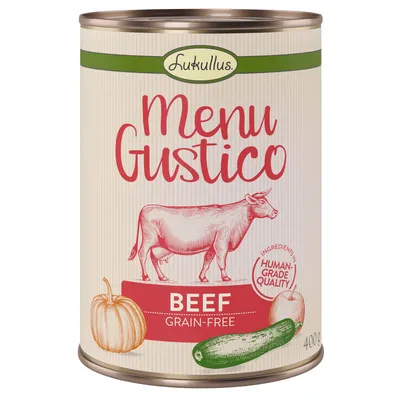 Lukullus Menu Gustico, naudanliha, viljaton, ihmisravinnoksi kelpaavat ainesosat, 400 g tölkki.