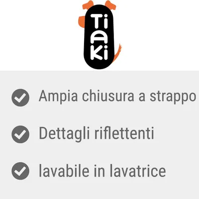 Tiaki. Ampia chiusura a strappo, dettagli rifrangenti, lavabile in lavatrice.