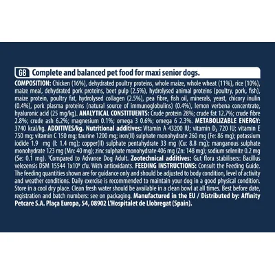 Complete and balanced pet food for maxi senior dogs. Ingredients, analytical constituents, additives, feeding instructions, manufacturer: Affinity Petcare S.A., Spain. See packaging for batch info.