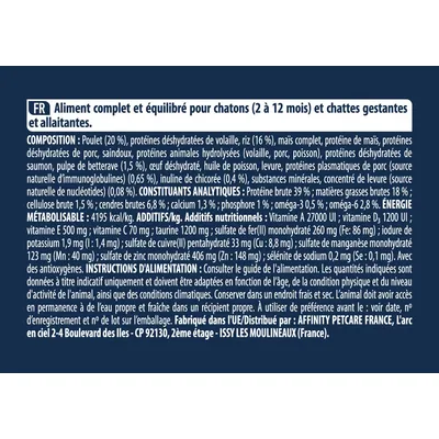 Texte en français : aliment complet et équilibré pour chatons (2 à 12 mois) et chattes gestantes/allaitantes, composition détaillée, constituants analytiques, additifs, instructions d’alimentation.