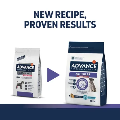 Porównanie dwóch opakowań karmy ADVANCE Veterinary Diets Articular Senior 7+ lat, 3 kg. Widoczna zmiana receptury i szata graficzna. Tekst: NEW RECIPE, PROVEN RESULTS.