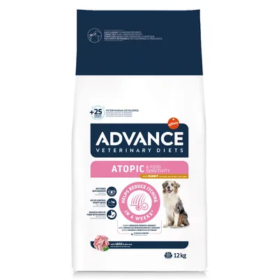 Saco de 12 kg Advance Veterinary Diets Atopic & Food Sensitivity com coelho. Texto visível: 'Helps reduce itching in 4 weeks', imagem de cão, indicações para pele e sensibilidades alimentares.