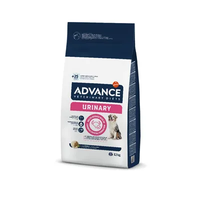 ADVANCE Veterinary Diets URINARY dry dog food, 12 kg bag. Visible text: 'Helps reduce risk of struvite crystal formation'. Image shows a small dog and feeding info icons.