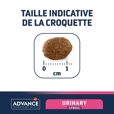Taille indicative de la croquette Advance Veterinary Diets Urinary Stress : diamètre environ 1 cm, croquette ronde visible sur règle graduée en centimètres.