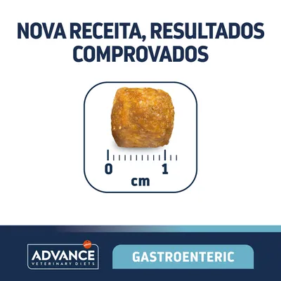 Nova receita, resultados comprovados. Croquete Advance Veterinary Diets Gastroenteric com cerca de 1 cm de diâmetro visível junto a régua métrica.