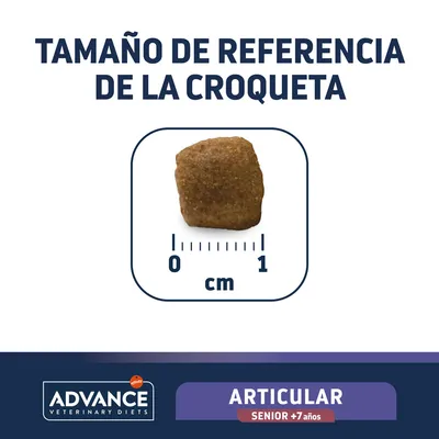 Tamaño de referencia de la croqueta Advance Veterinary Diets Articular Senior +7 años, muestra una croqueta junto a regla en cm de 0 a 1.